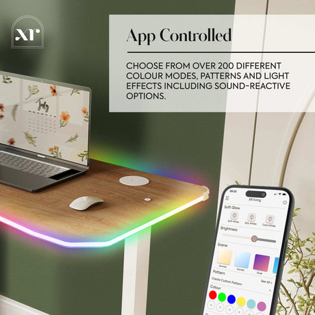 Smart desk with RGB lighting and app control on a laptop screen