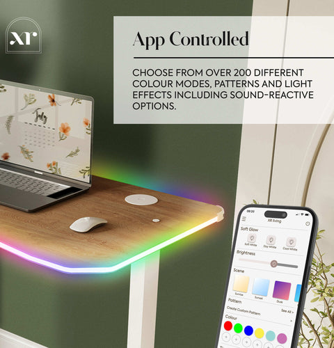 Smart desk with RGB lighting and app control on a laptop screen
