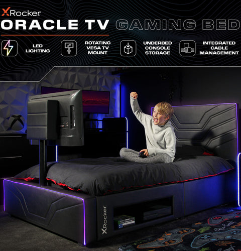 Modern gaming bed with TV mount and under-bed RGB lighting