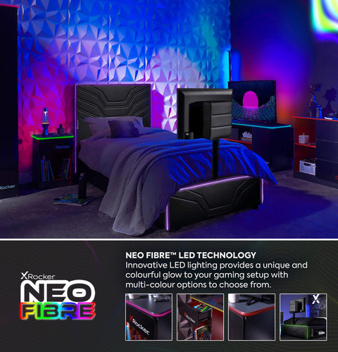 LED-lit single gaming bed with TV support and sleek metal frame