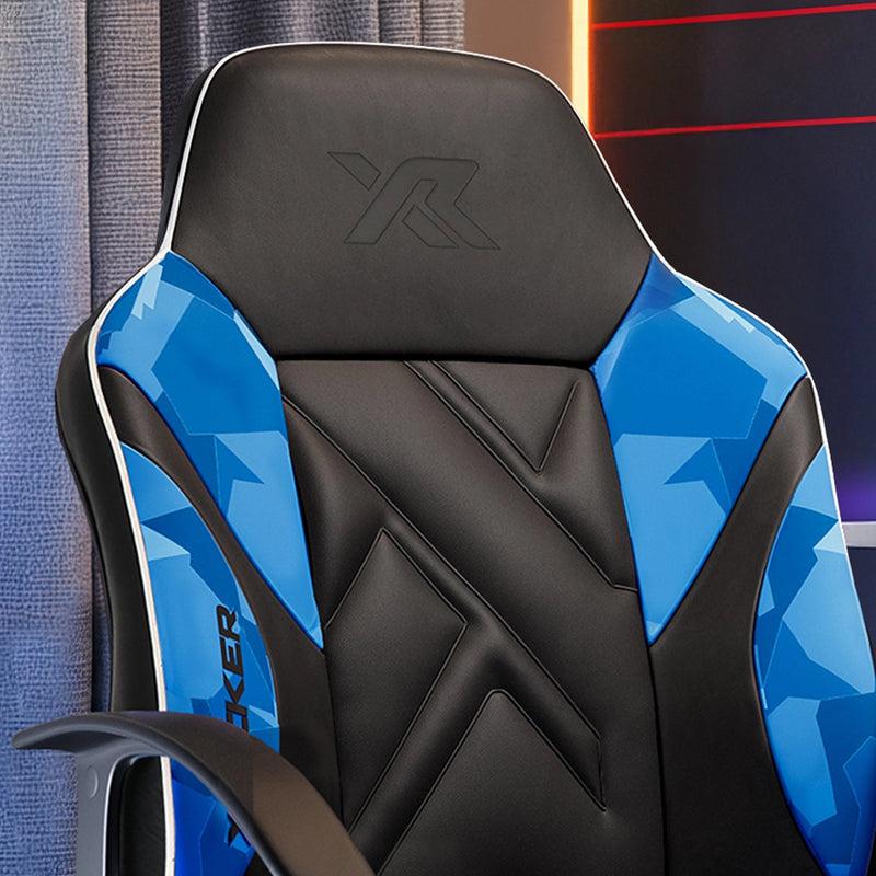 Gaming chair with blue and black design, featuring a brand logo on the backrest.