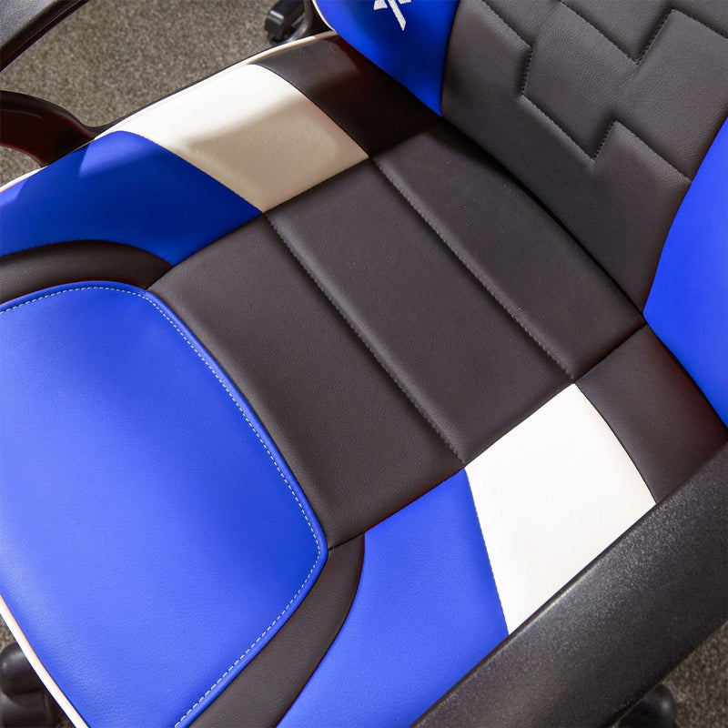 Close-up of a blue and black office chair with quilted design