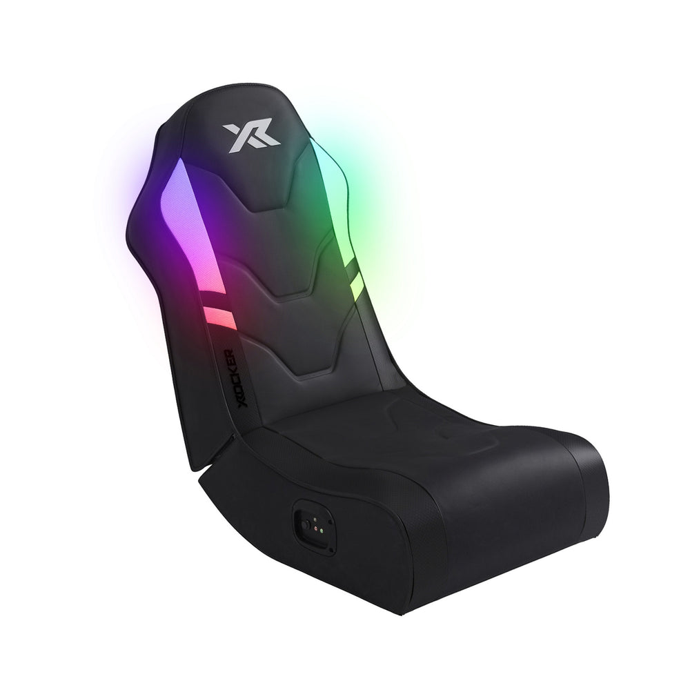 Black gaming chair with RGB lighting on a white background