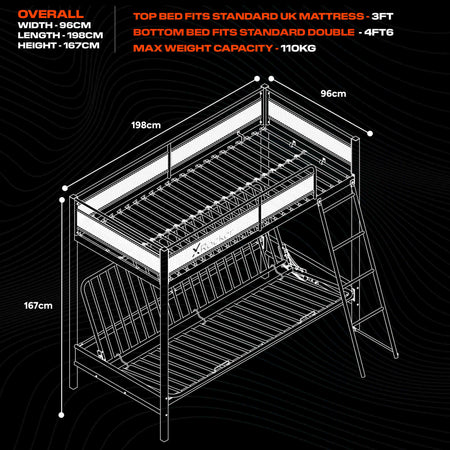 Stronghold Gaming Bunk Bed with Double Futon Cushion - Black
