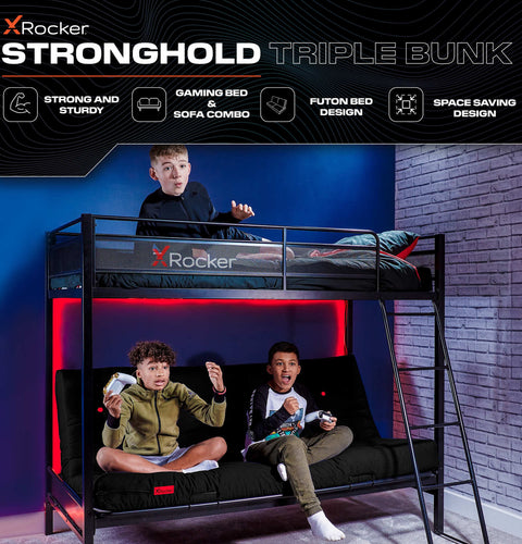 Stronghold Gaming Bunk Bed with Double Futon Cushion - Black