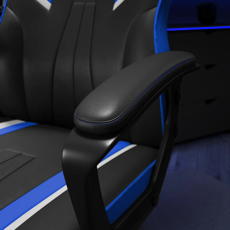 Black and blue gaming chair with padded armrests