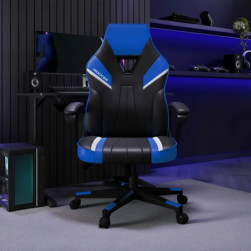 Gaming chair with blue accents in a dark room setup