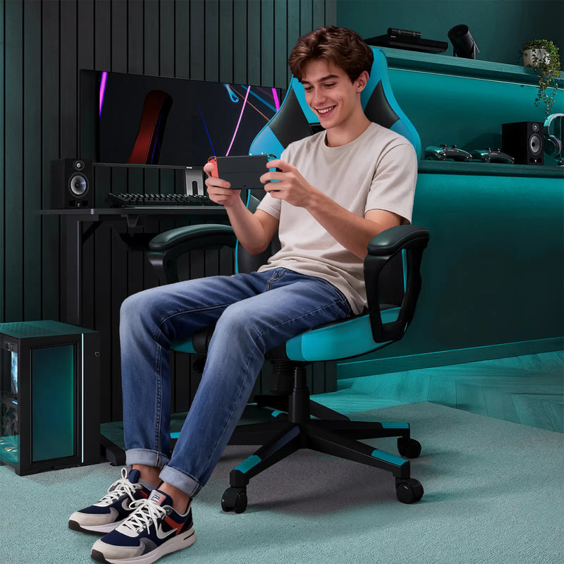 Person sitting in a gaming chair using a smartphone in a modern gaming setup.