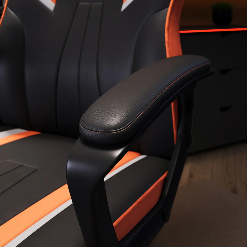 Close-up of a black and orange gaming chair with armrest.