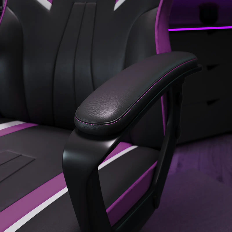 Black and purple gaming chair with armrest