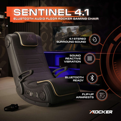 Gaming chair with features highlighted, including Bluetooth audio and surround sound, on a dark background.