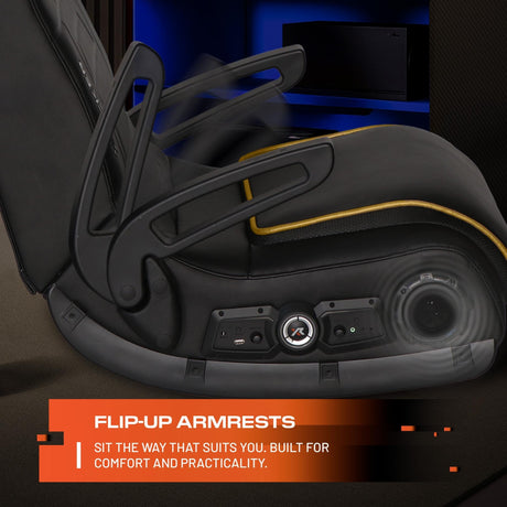 Black gaming chair with flip-up armrests and text highlighting comfort and practicality.