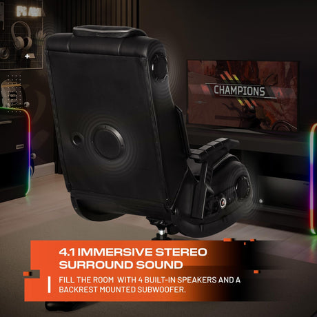 Gaming chair with built-in speakers and subwoofer in a room setup.