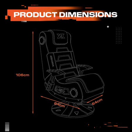 Gaming chair with dimensions labeled on a black background