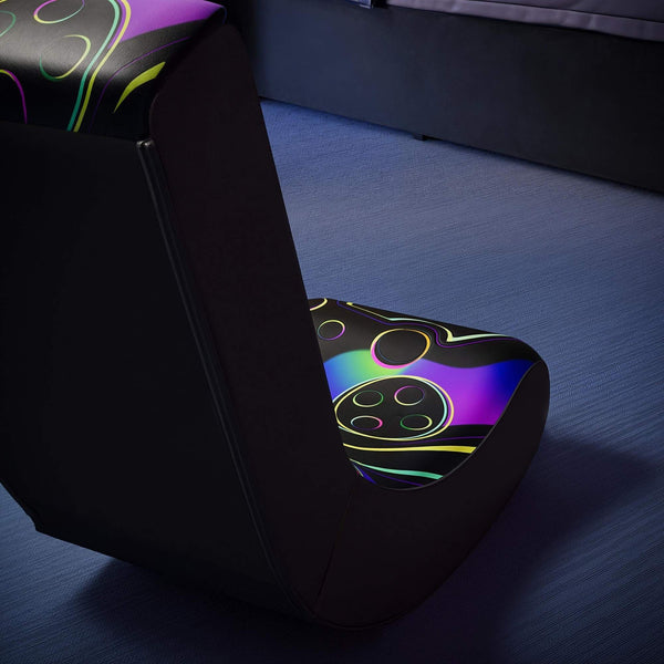 Gaming chair with colorful LED accents on a dark floor