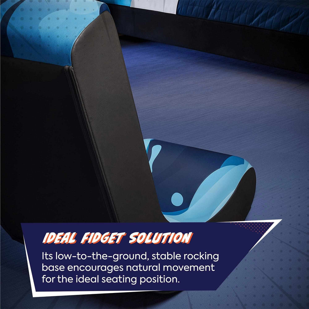 Blue and black fidget chair with text about its benefits on a blue background