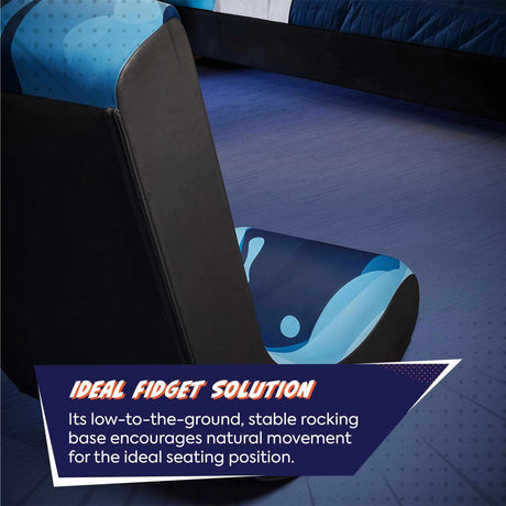 Blue and black fidget chair with text about its benefits on a blue background