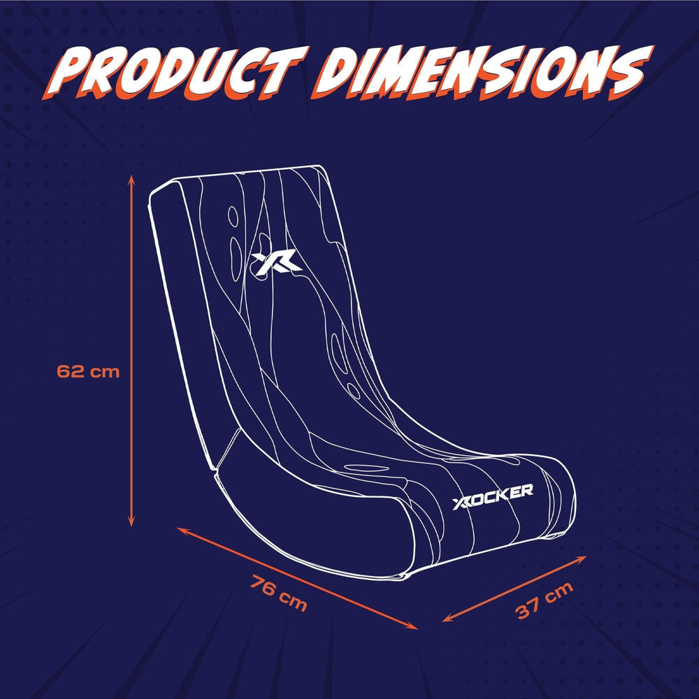 X rocker gaming chair dimensions on a blue background