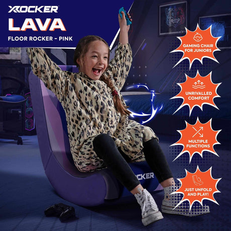 Child sitting on a X rocker Lava floor rocker chair with product features highlighted.
