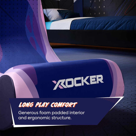 Gaming chair with X rocker branding and text about long play comfort.