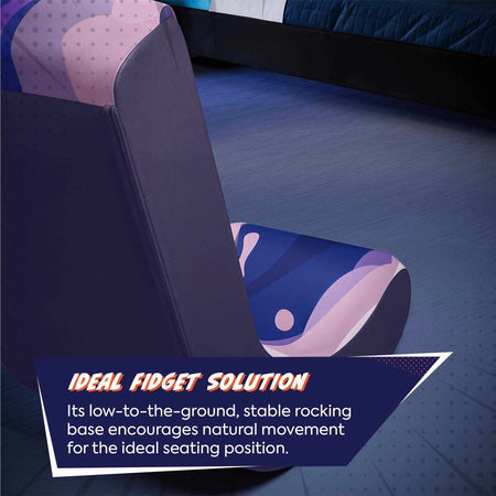 Pink gaming chair with text highlighting its features on a dark blue floor.