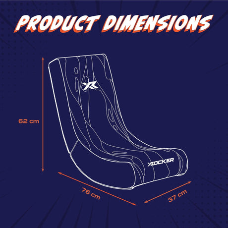 X rocker gaming chair dimensions on a blue background