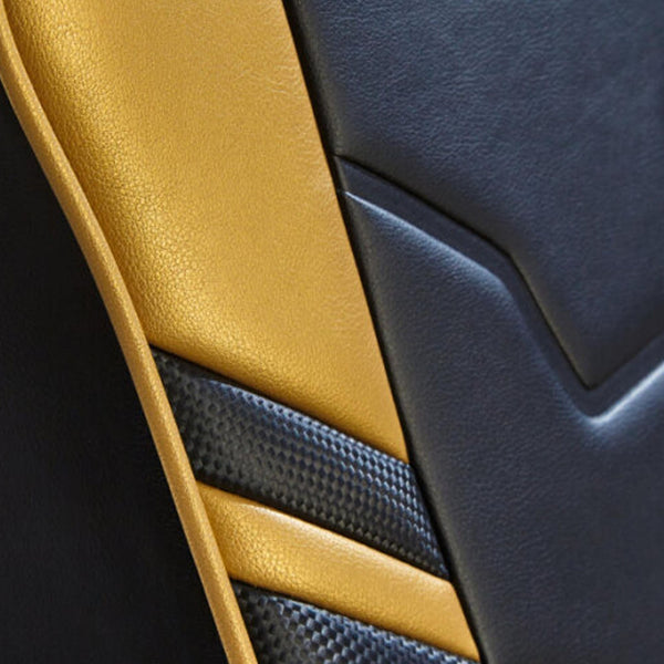 Close-up of a floor rocker with gold and black leather textures
