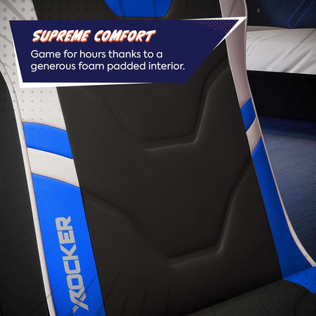 Ergonomic gaming chair with 'X rocker' branding, highlighting supreme comfort feature.
