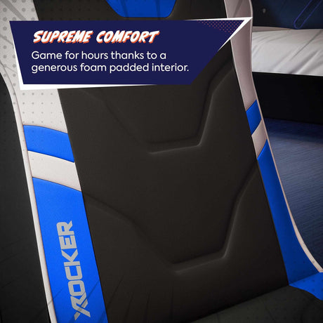 Ergonomic gaming chair with 'X rocker' branding, highlighting supreme comfort feature.