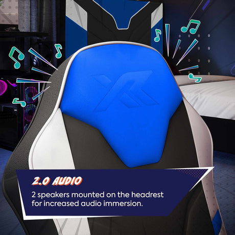 Gaming chair with blue headrest and 2.0 audio feature highlighted
