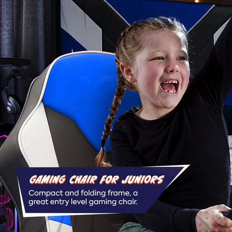 Child sitting on a gaming chair with promotional text about the chair's features.