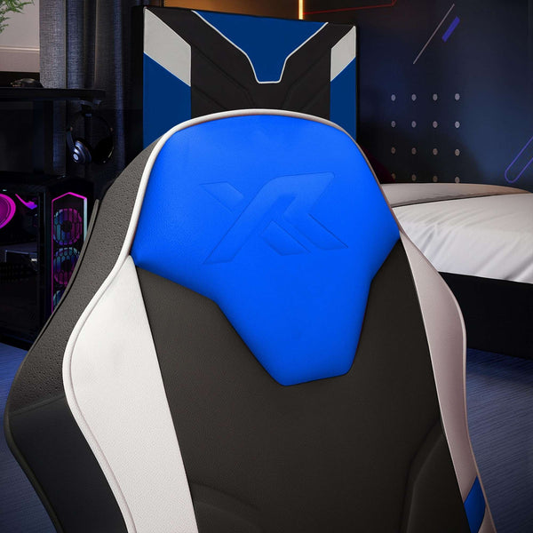 Gaming chair with blue backrest in a room setting