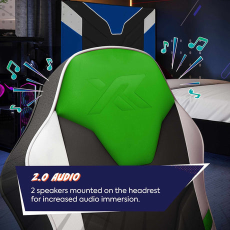 Gaming chair with green headrest and 2.0 audio feature highlighted
