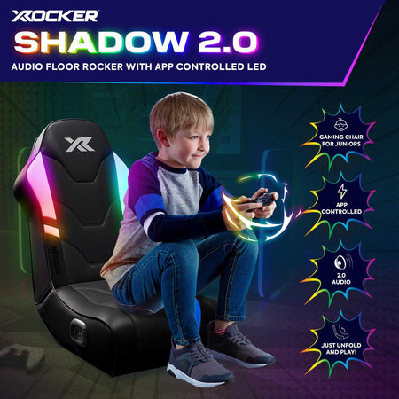 Gaming chair with app-controlled LED lights, child sitting on it, X rocker branding visible