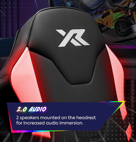 Gaming chair headrest with 'XR' logo and 2.0 audio feature text.