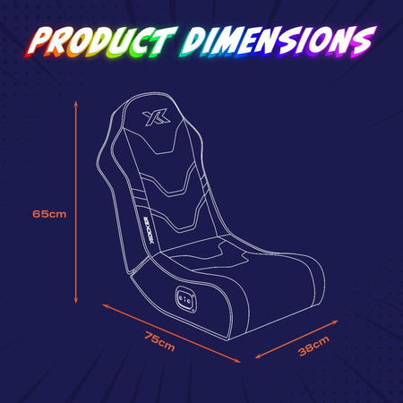 Gaming chair dimensions on a blue background with product name above