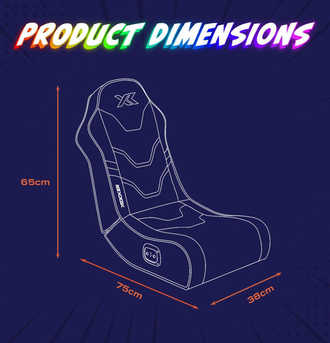Gaming chair dimensions on a blue background with product name above