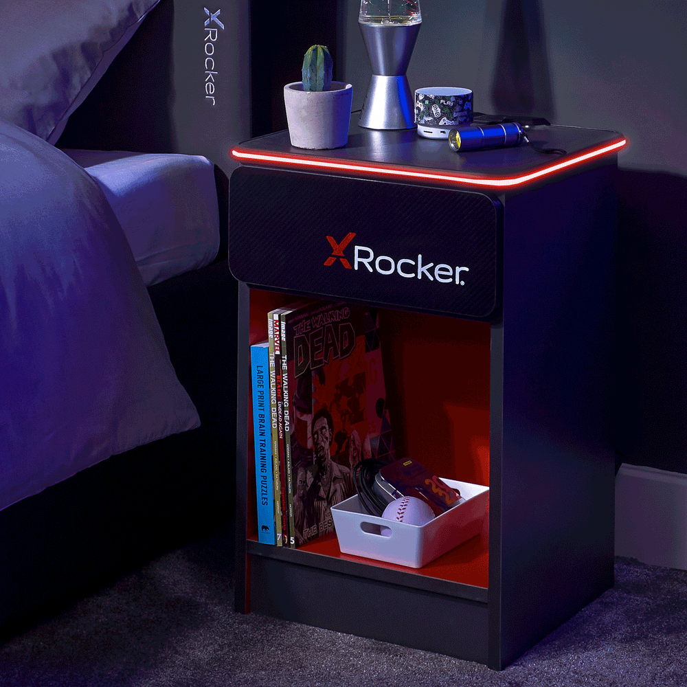 Carbon-Tek LED Bedside Side Table with Wireless Charging and Drawer - Grey / Red RGB
