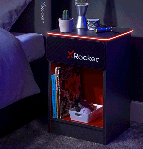 Carbon-Tek LED Bedside Side Table with Wireless Charging and Drawer - Grey / Red RGB