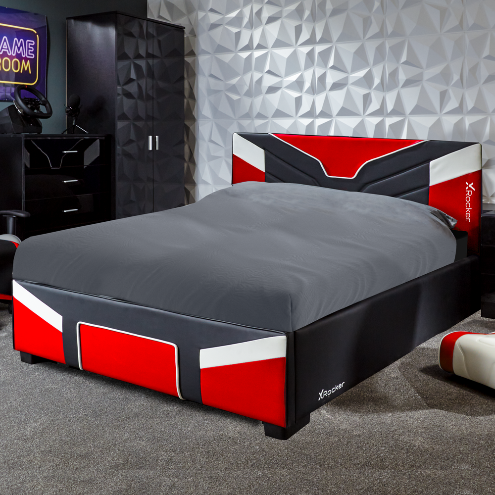 Gaming Bed in a Box by X Rocker Cerberus MK11 red edition with a stylish ergonomic headboard and durable construction.