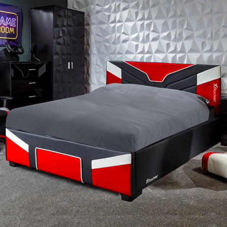 Gaming Bed in a Box by X Rocker Cerberus MK11 red edition with a stylish ergonomic headboard and durable construction.