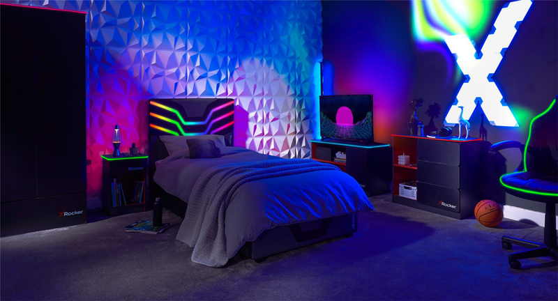 Picture of a dark gaming inspired bedroom with X Rocker Cosmos RGB gaming bed and Carbon-Tek gaming furniture collection with LED lights