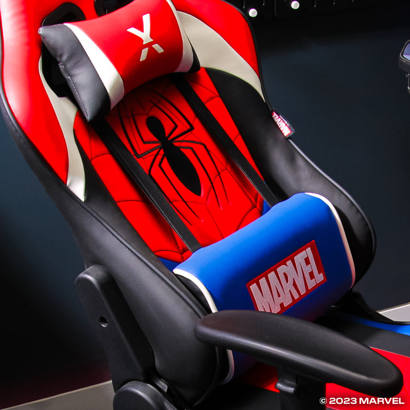 photo showing x rocker's marvel spider-man pc gaming chair with a vibrant red faux leather and the iconic spider-man logo printed onto the backrest