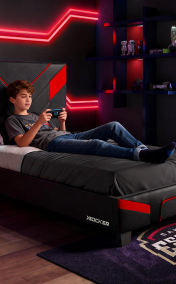 X Rocker gaming beds featuring ergonomic designs, built-in storage, RGB lighting, and TV mounts for the ultimate gaming setup. Perfect for gamers looking to maximize comfort and functionality.