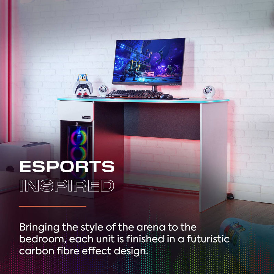 Carbon-Tek 120cm LED Gaming Desk with Charging - White | X Rocker UK
