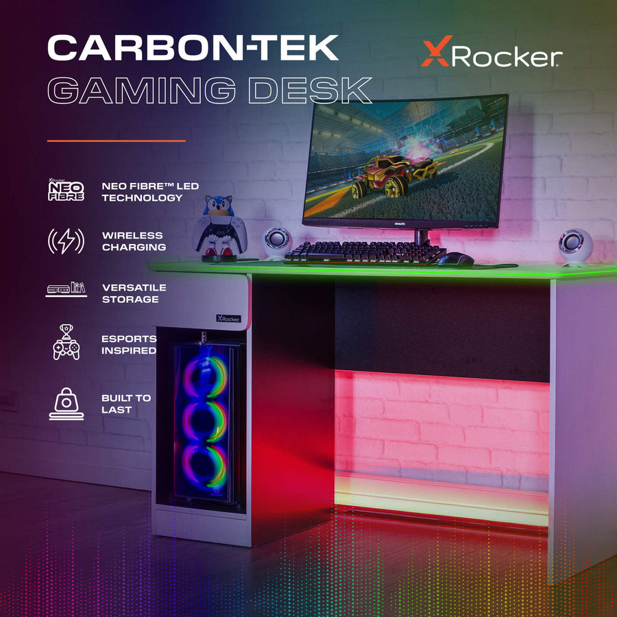 Carbon-Tek 120cm LED Gaming Desk with Charging - White | X Rocker UK