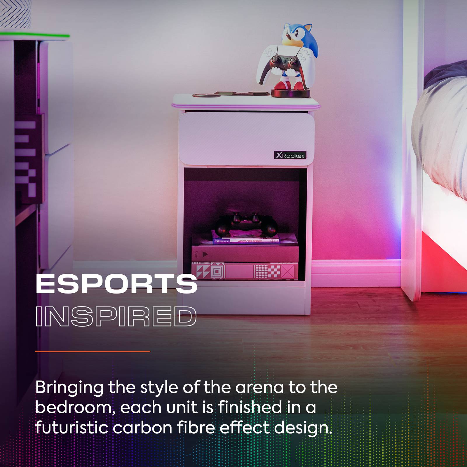 Carbon-Tek LED Bedside Side Table with Wireless Charging and Drawer - White RGB