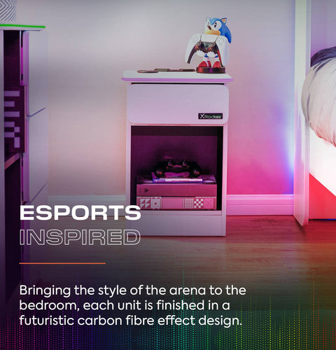 Carbon-Tek LED Bedside Side Table with Wireless Charging and Drawer - White RGB