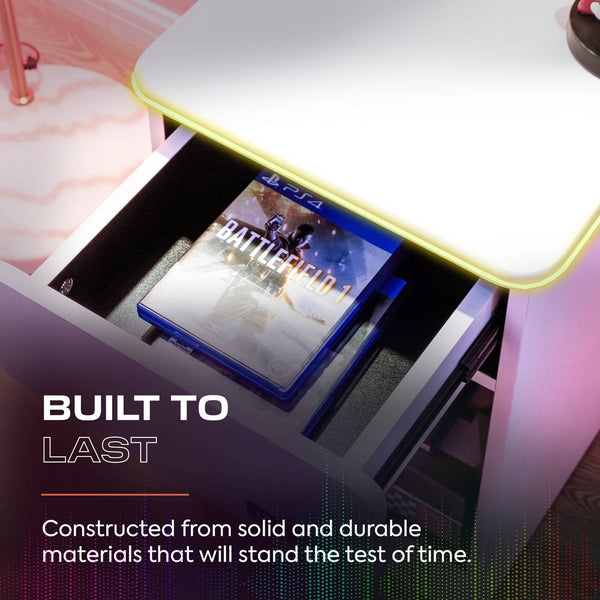 Carbon-Tek LED Bedside Side Table with Wireless Charging and Drawer - White RGB