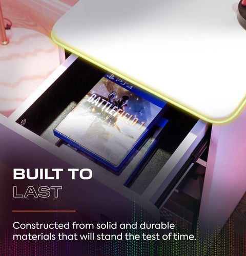 Carbon-Tek LED Bedside Side Table with Wireless Charging and Drawer - White RGB